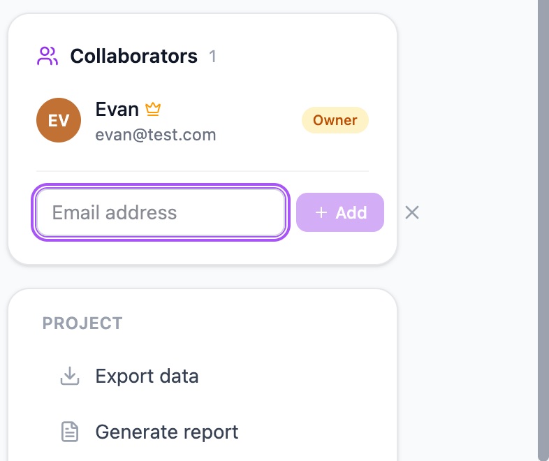 The Collaborators card on the project page, with the box where you type a colleague's email.