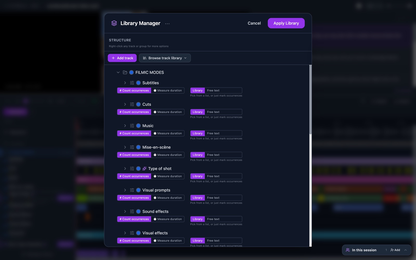 The Library Manager, with one row for each track and the choices Count occurrences, Measure duration, Library and Free text.