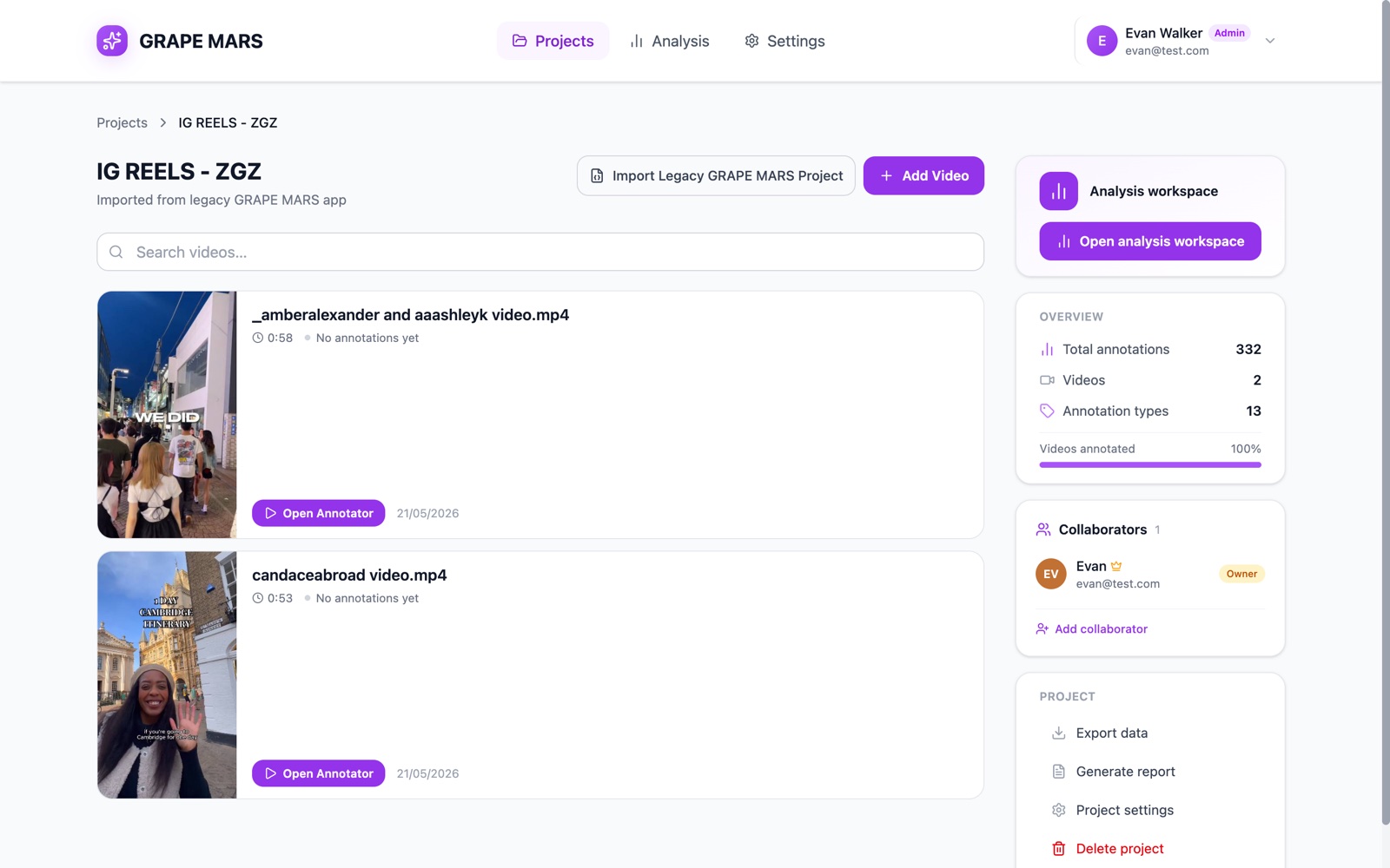 A project page. The videos are listed on the left. The overview, collaborators and project actions are on the right.