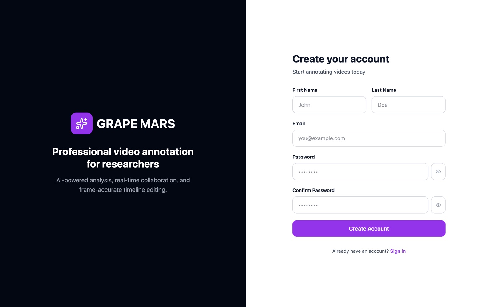The Create account page, with the name, email and password boxes and the password rules.