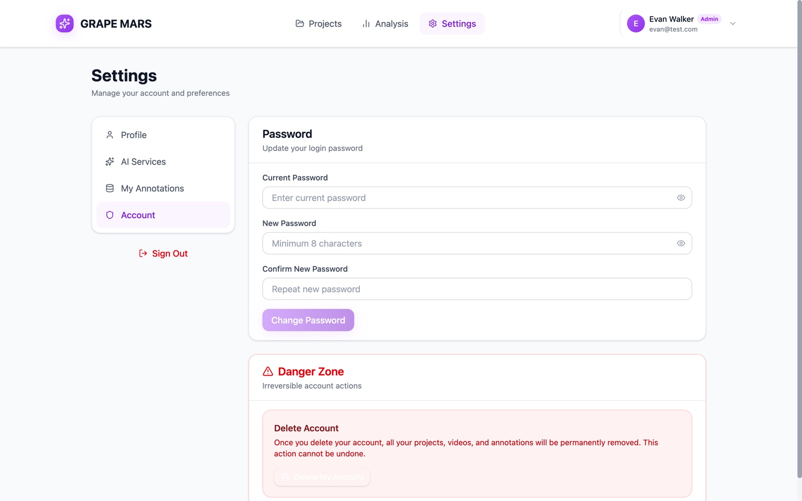 The Settings page on the Account tab.
