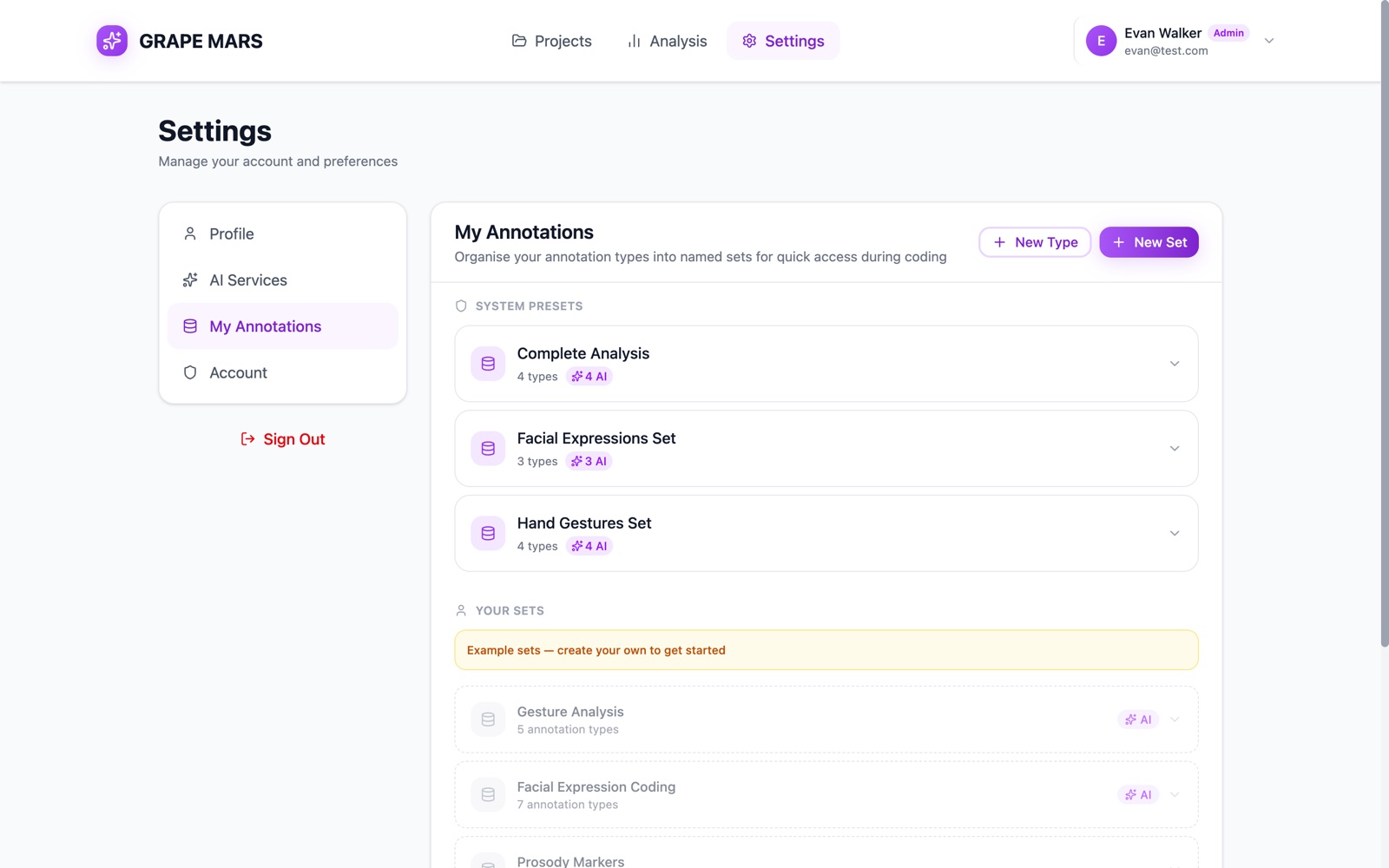 The Settings page on the My Annotations tab.