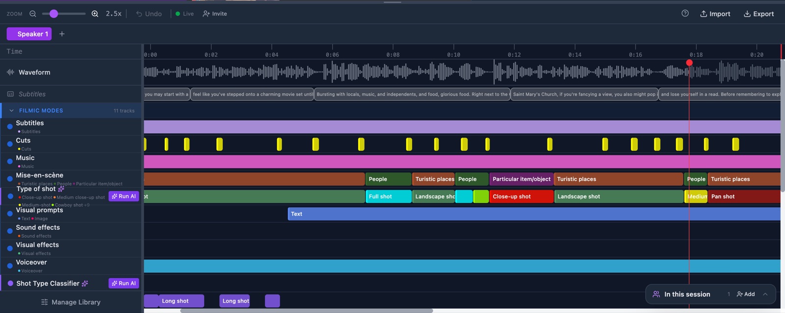 The timeline after zooming in. The bars are wider and the time ruler shows smaller steps.
