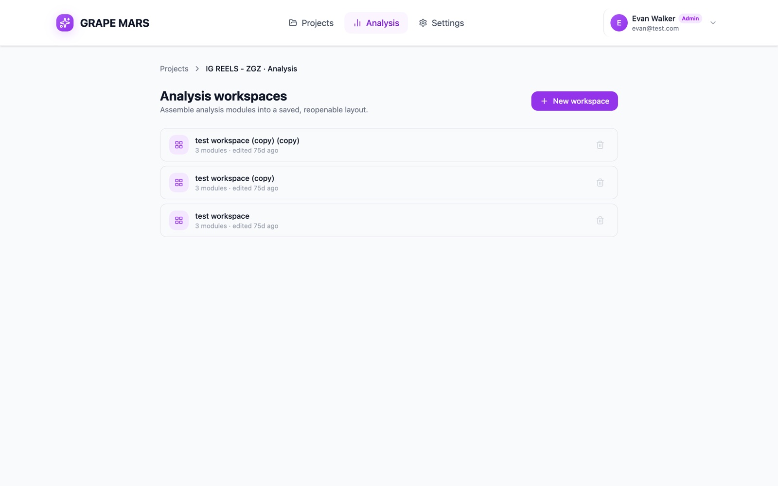 The Analysis workspaces page for one project, with a row for each saved workspace.